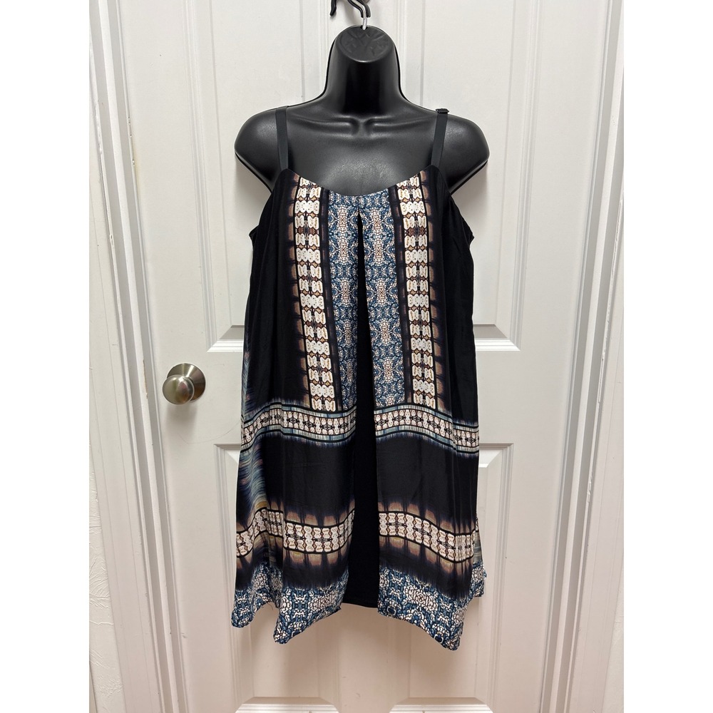 Muse Womens Size 10 Black Blue Geometric Tribal Print Layered Mini Dress